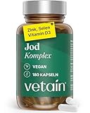 VETAIN Jod Komplex für die Schilddrüse - 180 Kapseln - mit Jod aus Bio-Kelp, Selen, Zink, Vitamin D3-6 Monate Vorrat - hochdosiert, vegan & ohne Zusätze - produziert & laborgeprüft in Deutschland