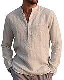 Kvruhuiy Baumwolle Leinenhemd Herren Lang Ärmel Casual Hemd Regular Fit Freizeithemd Shirts Khaki XXL