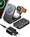 INIU Induktive iPhone Ladestation 3 in 1, 15W Qi2-Zertifiziertes Magnetisches Kabelloses Ladegerät Faltbar, Mag-Safe Wireless Charger for Apple Watch SE iPhone 17 16 15 14 13 12 AirPods (mit Adapter)