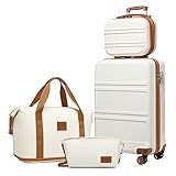 KONO Reisekoffer Set Gepäcksets 4 Teilig Kofferset, 55cm Handgepäck mit Beautycase Kosmetikkoffe mit handgepäck Reisetasche mit Kulturbeutel (Creme Weiß)