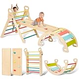 Giant bean 5-in-1 Montessori Kletterdreieck mit Kletterbogen und Rutsche, Holzdreieck für Kleinkinder ab 2-5, Indoor Kletterspielzeug, Regenbogen mit Griff, Hellbraun, M