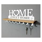 SirHoldeer Schlüsselbrett mit Ablage aus Echtholz & Metall Weiss | Wandorganizer mit 8 Haken für den Flur | Home Sweet Home Design zur Wandmontage