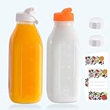 Restorgan 2er Set Milchflaschen mit Deckel, Glasflaschen mit Deckel 1 Liter, Wiederverwendbare Smoothie Gläser mit Deckel,Ideal für Saft, Milch,Milchshakes, Saftflaschen mit 2 Skalenmarkierung