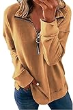 SMENG Damen 1/4 Zip Pollover Sweatshirt für Frauen Einfarbig Damen-Sweatshirt mit halbem Plüsch Casual Pullover Einfach Pullover Tops Khaki M