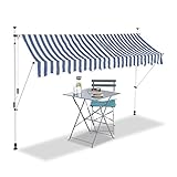 Relaxdays Klemmmarkise, Balkon Sonnenschutz, einziehbar, Fallarm, ohne Bohren, verstellbar, 300 cm breit, blau gestreift