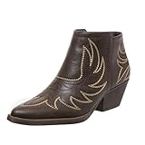 Haoeacr Cowboystiefel für Damen, Knöchel, Cowgirl, Western-Stiefel, bestickt, spitzer Zehenbereich, klobige Absätze, Landhausstiefel, Dunkelbraun, 41 EU