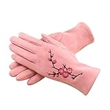 OPYTR Handschuhe Winter Weibliche Einzelschicht Warm Finger Finger Pflaumen Muster Mitte Frauen Wildleder Leder Touchscreen Fahren Handschuhe Winddicht gefüttert dick (Color : Pink)