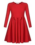 Arshiner Mädchen Kleider Baumwolle Kinder Langarm Kleid mit Fliege Winterkleider Herbstkleid A-Linie Festliches Rundhals Basic Freizeit Kleider für Mädchen 8-9 Jahre 130 Rot