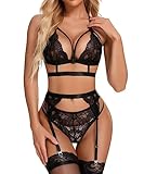 RSLOVE Damen Dessous Set Spitze Teddy Bügel Babydoll Bodysuit mit Strumpfgürteln sexy BH und Höschen Sets Schwarz Small