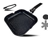 DIVORY Grillpfanne 28x28cm mit Ausguss und abnehmbaren Griff - Steakpfanne induktion - beschichtete Pfanne für den Grill inkl. Grillzange und Pfannenschoner