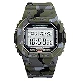 Tevimpeya Herren Digital Quarzuhr Unisex Stoßfest Outdoor Digital Uhren 50M Wasserdicht Jungen Sportuhr EL Licht Display PU Armband Grün Camouflage, grün/camouflage, M