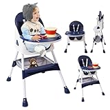 2 in 1 Baby Hochstuhl ab 6 Monaten, Blau Kinderhochstuhl Klappbar mit Fußstütze, Besteck und Tablett für essen, Höhenverstellbarer Baby Esszimmerstuhl, Babystuhl Sitz Baby Esszimmerstuhl