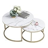 Marmor Couchtisch Gold, Couchtisch 2er Set mit 1 Großer Couchtische Rund und 1 Kleiner Tisch, Beistelltisch Weiss aus Metallgestell Wohnzimmertisch Modern