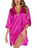 Leikar Satin Nachthemd Für Frauen 3/4 Ärmel Seide Nachthemd Button Down Pyjama Kleid Boyfriend Sleepshirt S-XXL, Rosenrot, Medium