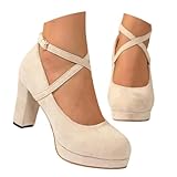 Generisch Pumps Damen, Trachtenschuhe Damen Dirndl Schuhe Sling Pumps Wildleder High Heels Absatzschuhe Slingback Hochzeitsschuhe Elegant Mary Jane Tanzschuhe, Beige, 36