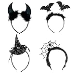 Halloween Haarreif Set, 4pcs Stirnband Halloween, Teufelshörner, Spinnennetz, Fledermaus Und Hexenhut Stirnband, Geeignet für HalloweenKarneval, SchulauffüHrungen, Maskerade