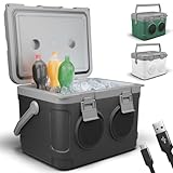 TOM 3in1 Musik Kühlbox 21l zum Kühlen, Warmhalten und Musik hören – mit Bluetooth Lautsprecher – Kühlen mit Kühlakkus – Mobile Kühlbox – für Auto, Camping, Wohnwagen & Co. (Schwarz, 21 Liter)