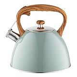 FLORINA Wasserkessel (2,5 l) I Edelstahl Teekessel FRANK I Flötenkessel mit Holzgriff I Automatischer Pfiff I Wasserkocher für Induktionsherd, Gasherd und Elektroherd I Farbe: grün matt