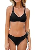 CUPSHE Damen Bikini Set V Ausschnitt Low Waist Bademode Crossback Tunnelzug Zweiteiliger Badeanzug Swimsuit Schwarz L