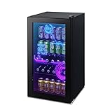 HCK Getränkekühlschrank, Cyberpunk Kühlschrank mit Glastür, Bierkühlschrank 98 Liter für Gastronomie, Party, mit Rosa und Blau Lichter
