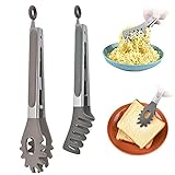 Bncxdc nudelzange, küchenzange Grillzange 2er-Set, Edelstahl und Silikonspitzen spaghettizange, Hitzebeständige Fleischzange mit Verriegelungsclip, Servierzange für Kochen, Grillen, 25,5cm, Grau