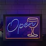 OPEN Cocktails Glas LED-Neonschild, Bar-Logo 3D-Nachtlichter USB-Acryl-Neonlichter, wandhängendes Fotorahmen-Leuchtschild, 42x32cm,Blue yellow