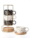 HOME DECOR Cappuccino Tassen Set - 4 x 180 ml Kaffeetassen mit Unterteller & Ständer - Edle Keramik Tassen für Espresso, Cappuccino und Latte - Marmor Kollektion