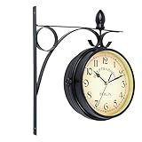 Samger Vintage Bahnhofsuhr Doppelseitig Wanduhr, Wasserfest Outdoor Garten Uhr, Bahnhof mit Halterung, Retro, 29cm, Batteriebetrieben, Groß Uhr für Drinnen und Draußen, Schwarz