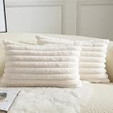 Mandioo 2er Set Kissenbezug gestreiftes Künstlich Pelz Superweich Kissen Flauschig Modern Kissenhülle Deko Sofa Wohnzimmer Schlafzimmer Kissenbezüge 30 x 50 cm Cremeweiß