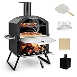 COSTWAY Outdoor Pizzaofen, 2-lagigem Pizza Ofen mit Grillrost, Pizzastein, Pizzaschaufel, wasserdichter Abdeckung, hitzebeständigen Griffen & klappbaren Beinen, für Picknick, Party, Camping