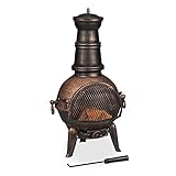 Relaxdays Terrassenofen, Aztekenofen mit Schürhaken, Gusseisen, Funkenschutz, für Garten, HxBxT: 86x46x38 cm, Bronze