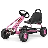 COSTWAY Gokart mit verstellbarem Sitz, Go Cart mit Handbremse, Tretauto bis 30 kg belastbar, Pedal Gokart, Tretfahrzeug, Pedalfahrzeug, Kinderfahrzeug für Kinder ab 3 Jahren (Rosa)