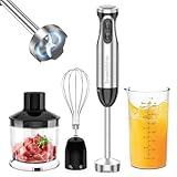 Bonsenkitchen Pürierstab, 4-en-1 Stabmixer Elektrischer, 1000W Stufenlos Geschwindigkeiten, Edelstahl, Schneebesen, 500ml Häcksler und 700ml Messbecher für Babynahrung, HB3203 (Schwarz)