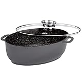 Stoneline Gourmet Bräter, oval, 38,8 x 26,3 cm, 8 L, mit Aroma-Glasdeckel zur dosierten Zugabe von Flüssigkeiten, Aluguss Bräter Induktion und backofengeeignet, Antihaftbeschichtung mit echten