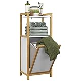 HOMCOM Bambusmöbel auf Beinen mit Wäschekorb Platzsparendes Badezimmer-Untermöbel - 2 Regale - Abm. 40L x 30l x 86,5H cm