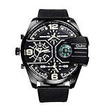 OIDEA Herren Armbanduhr Leder Sportuhr: Schwarz Lederband Quarz Analog Herrenuhr mit 3 Zeitzonen Gold Zeiger Zifferblatt Kompass Dekor Geschenk für Männer Vater Familie Freund