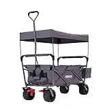 Arebos Bollerwagen faltbar mit Dach | Handwagen | Transportkarre Gerätewagen inkl. 2 Netztaschen und Einer Außentasche | Vorderrad-Bremse | klappbar | Vollgummi-Reifen | bis 100 kg Tragkraft | Grau