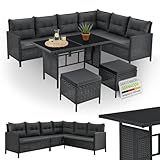 Juskys Polyrattan Lounge Manacor mit Ecksofa, Esstisch, 2 Hocker & Kissen - wetterfest bis 7 Personen - Bezüge waschbar - Rattan Garten Sitzgruppe Gartenlounge Gartenmöbel Set - Schwarz/Grau