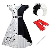 FYMNSI Mädchen Cruella Deville Kostüm Kinder Cruella de Vil Cosplay Schwarz Weiß Vokuhila Gepunktet Kleid Perücke Handschuhe Stange Set 101 Dalmatiner Verkleidung für Halloween Fasching 9-10 Jahre