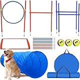 G TALECO GEAR Agility Set Hunde, 7-teiliges Set Agility Ausrüstung für Hunde, Agility Set mit 180CM Hundetunnel, Einstellbar Springring, 3 Einstellbar Hürdenstange, 8 Slalomstangen