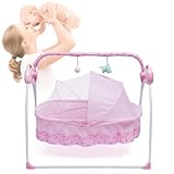 Babywippe, Babyschaukel mit Fernbedienung, Automatischer Schaukelstuhl, fünf Gänge einstellbar, Timer-Funktion, Spielbogen Spielzeugen (Rosa)