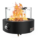 Onlyfire Rund Gas Tischkamin mit Glaswindschutz, Lavastein und Unterer Lufteinlass, Tischfeuer für Camping auf der Terrasse im Freien, Tischfeuerstelle für Heizung, BBQ Grill & Ambientebeleuchtungen