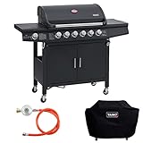 TAINO RED 6+1 Gasgrill Grillwagen BBQ Edelstahl-Brenner Gas-Grill schwarz - wahlweise Zubehör (RED 6+1 Set)