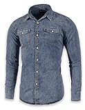 SEVEN EAGLE Langärmliges Demin-Hemd mit Zwei Taschen und Druckknöpfen für Herren(L,Indigo Vintage)
