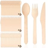 Heuchaey 300-teilig Besteck aus Holz, Eco Besteck, nachhaltig, 100 Holzgabeln, 100 Holzlöffel, 100 Holzmesser, Holzbesteck Set, biologisch abbaubar, besteck für Grillen, Party-Picknick