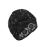 VGOL Beanie Mütze handgefertigt Damen Baumwolle Strick Ausschnitt VintageBlumenmuster gehäkelt Slouchy Skull Cap für 52–58 cm Kopfumfang Frühling Sommer Herbst Schwarz