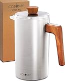 Cosumy French Press aus Edelstahl und FSC Holz - 1 Liter - Doppelwandige Thermo Isolierung - Große Kaffebereiter mit 2 Ersatzfiltern