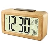 DTKID Wecker,Digital Wecker aus Holz Mit Großes LCD-Display, Helligkeitssensor,Schlummerfunktion,Batteriebetrieben & Kabelaufladbar,Geeignet für Schlafzimmer Büro(1,5 M Kabel Enthalten)