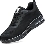 WUAYAMI Sicherheitsschuhe Arbeitsschuhe Herren Damen Leicht Atmungsaktiv Stahlkappenschuhe Sportlich Schutzschuhe rutschfeste mit Stahlkappe Sneaker, Schwarz, 42 EU