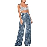 KBOPLEMQ Hose Damen Elegant Glitzer Hohe Taille Weites Bein Trompeten Hose Locker Party Pumphose Club Cargohose Haremshose Wanderhose Streetwear Freizeithose Bleistifthose Pailletten Freizeithose